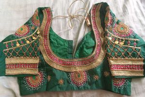 Heavy Aari work Embroidered Green Silk Blouse