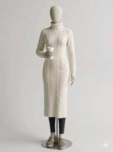 Cream Cable Knit Turtleneck Sweater Dress