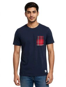 Men's Navy Blue T-Shirt with Plaid Pocket