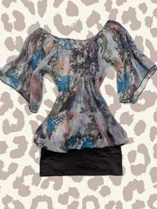 Y2K Sheer Printed Flutter Sleeve Top