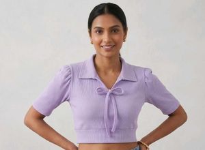 Lavender Collared Tie-Front Cropped Top