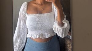 White Smocked Square Neck Crop Top