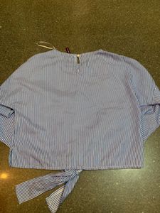 Striped Tie-Front Top with Floral Embroidery