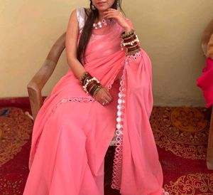 Elegant Pink Saree with Mirror Work Border