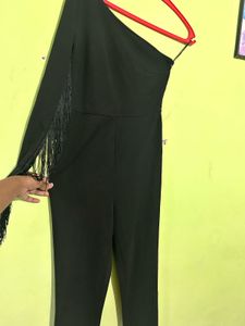 Chic Black One-Sleeve Fringe Jumpsuit