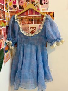 Blue Plaid Mini Dress with Lace Trim