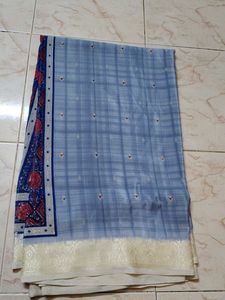 Red & Blue sandal zari border saree