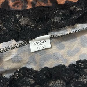Leopard Print Lace Trim Mesh Top