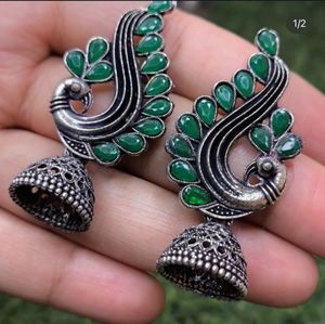 Peacock Jhumka Earrings with Pink Stones