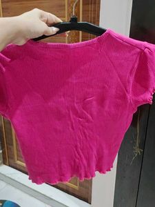 Ruffled Neck Pink Cropped Top