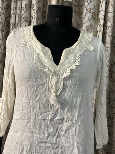 White Cotton Kurti with Lace Detail