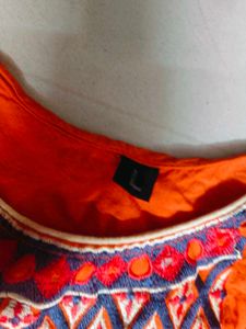 Orange Embroidery And Mirror Work Kurta Women