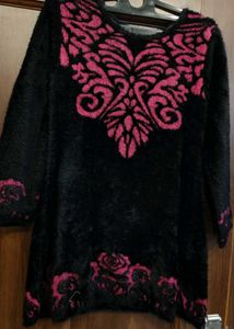 Black Faux Fur Kurta with Pink Embroidery