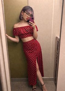 Red Polka Dot Co-ord Set with Slit skirt