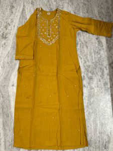 Elegant Mustard Kurta with Embellished Neckline