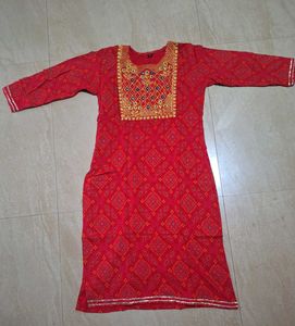 Embroidered Red Bandhani Kurta