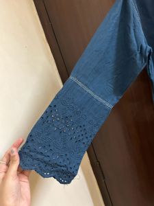 Teal Blue Cotton Schiffli Kurta Set