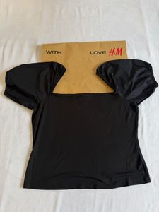 H&amp;M Black Puff Sleeve Square Neck Top