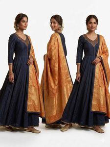 Elegant Navy Blue Kurta Set with Orange Dupatta