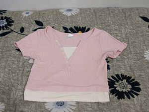 Pink Ribbed Henley Top with Cream Layer