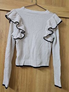 Chic White Ruffle Knit Sweater