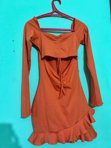Orange Ruched Cut-Out Mini Dress