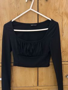 Shein Black Ruched Long Sleeve Crop Top