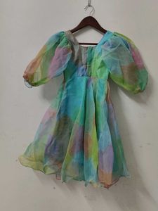 Colorful Puff Sleeve Organza Dress
