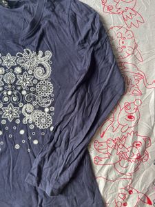 Navy Blue Graphic Print Long Sleeve Top