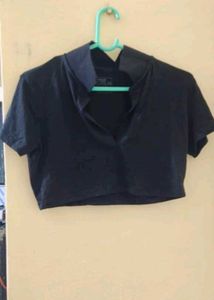 black Cropped V-Neck Top