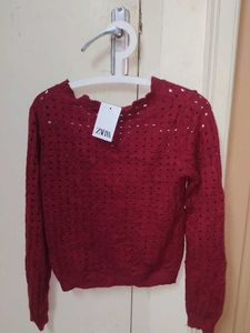 Maroon Crocheted Cardigan