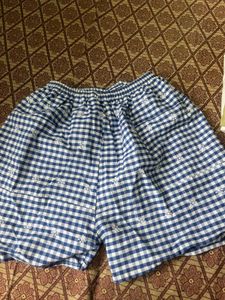Blue Checkered Shorts with White Embroidery