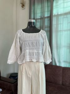 White Smocked Square Neck Top