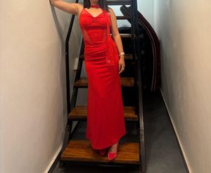 Elegant Red Lace Corset Maxi Dress