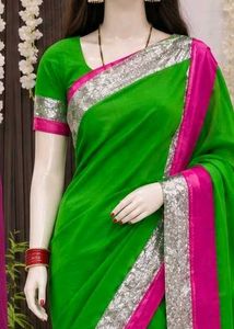 Vibrant Green Saree with Pink & Silver Border