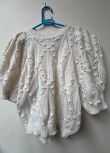 Cream Textured Puff Sleeve Sweater