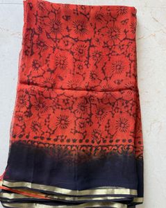 Rust Orange Block Print Georgette saree