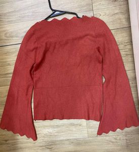 Terracotta Scalloped Bell Sleeve Top - Size XS/S