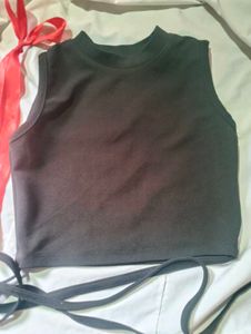Black Ribbed Crop Top with Tie Detail