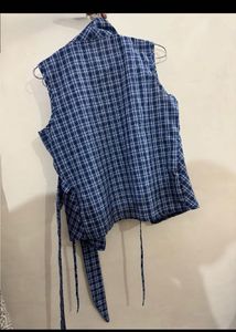 Blue Plaid Tie-Up Tank Top