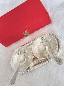 🎀🆕 Silver Plated Bowl Set with Spoons &amp; Box💖