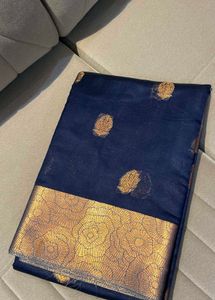 Elegant Navy Blue Saree with Gold Border 💜