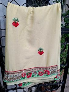 Yellow Saree with Red Floral Embroidery