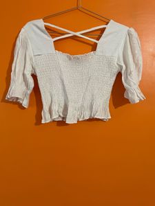 Criss-Cross Back Smocked White Top