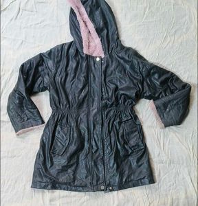 Black Faux Leather Parka with Pink Fur Trim