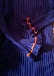 Navy Blue Ribbed Dress with Orange Trim