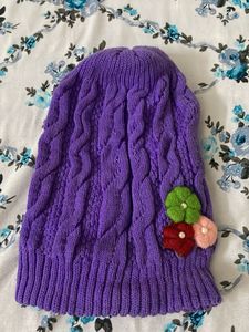 Purple Knit Beanie with Flower Embellishments