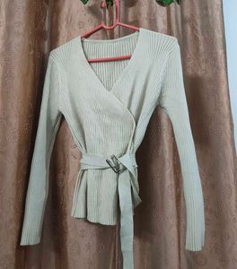 Ribbed Wrap-Style Long Sleeve Top