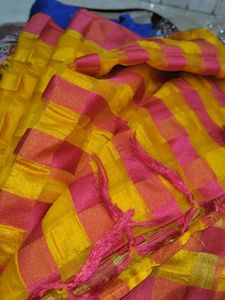 Pink &amp; Yellow Checked Saree