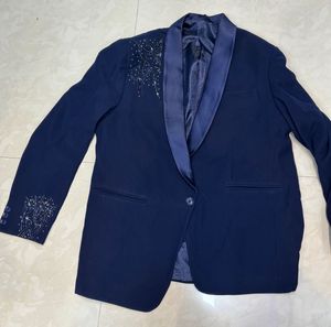 Men's Navy Blue Blazer with Embellished Collar